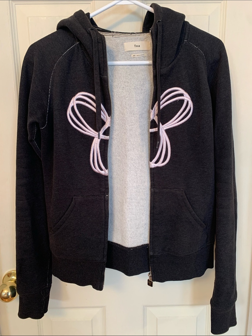 TNA Black Zip Hoodie with Pink Rope Embroidery